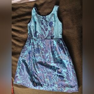 Land's End Fit And Flare Blue Floral Cotton Dress